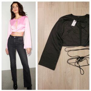 NWT DYNAMITE | Open Front Satin Crop Blouse Long Sleeve Top | Sz. L